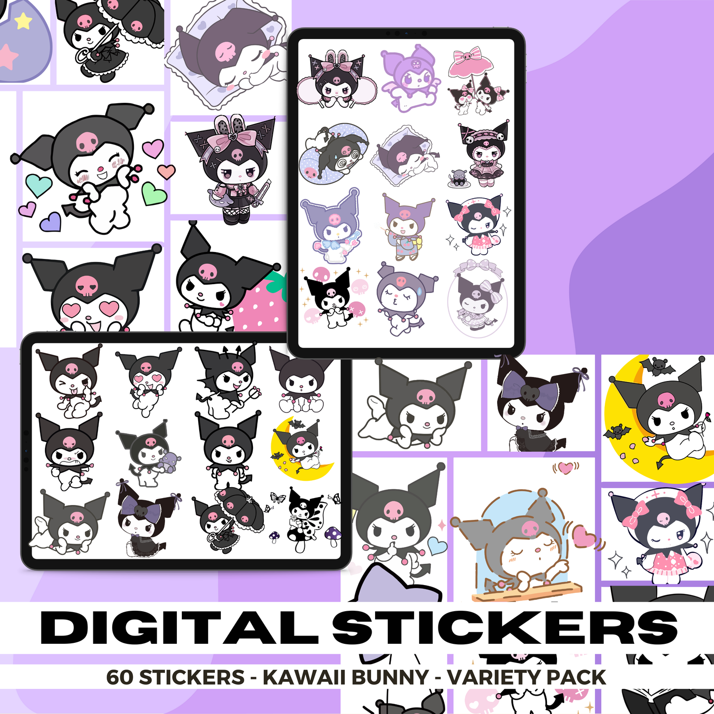 60 Assorted Kawaii Kuromi Bunny | Goodnotes Planner | Digital Stickers | PNG Files | Variety Pack