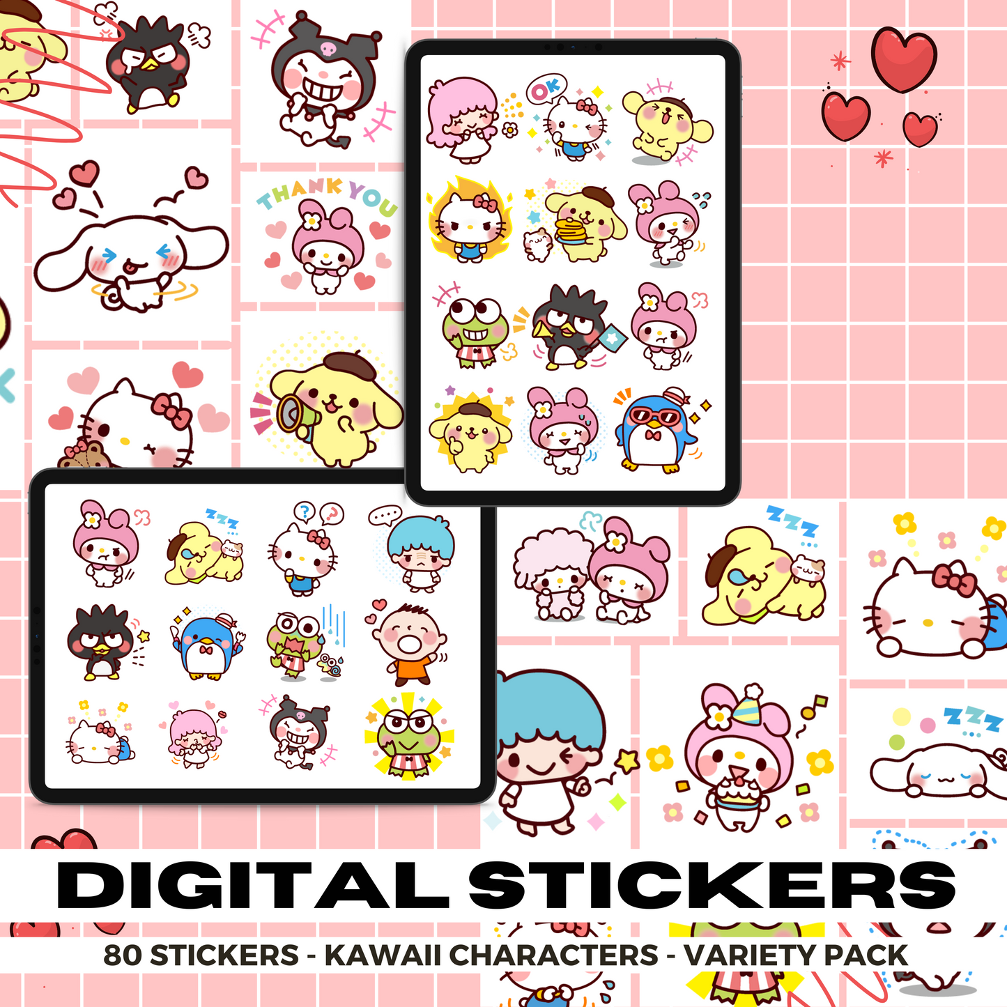 80 My Melody, Hello Kitty and Friends | Goodnotes Planner | Digital Stickers | PNG Files | Variety Pack