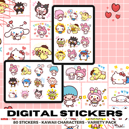 80 My Melody, Hello Kitty and Friends | Goodnotes Planner | Digital Stickers | PNG Files | Variety Pack