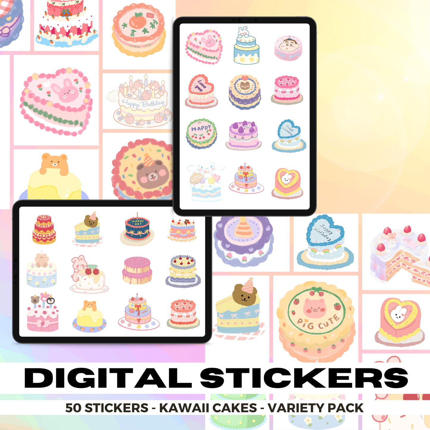 50 Kawaii Assorted Doodle Cakes | Goodnotes Planner | Digital Stickers | PNG Files | Variety Pack