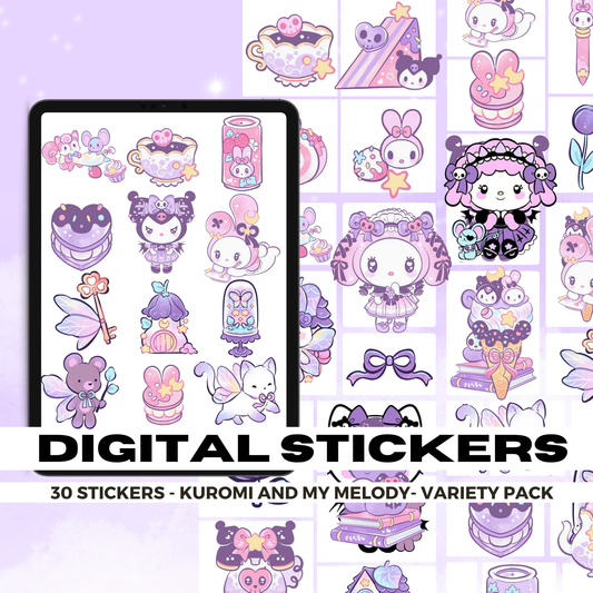 30 Kawaii Kuromi and Accessories | Goodnotes Planner | Digital Stickers | PNG Files | Variety Pack