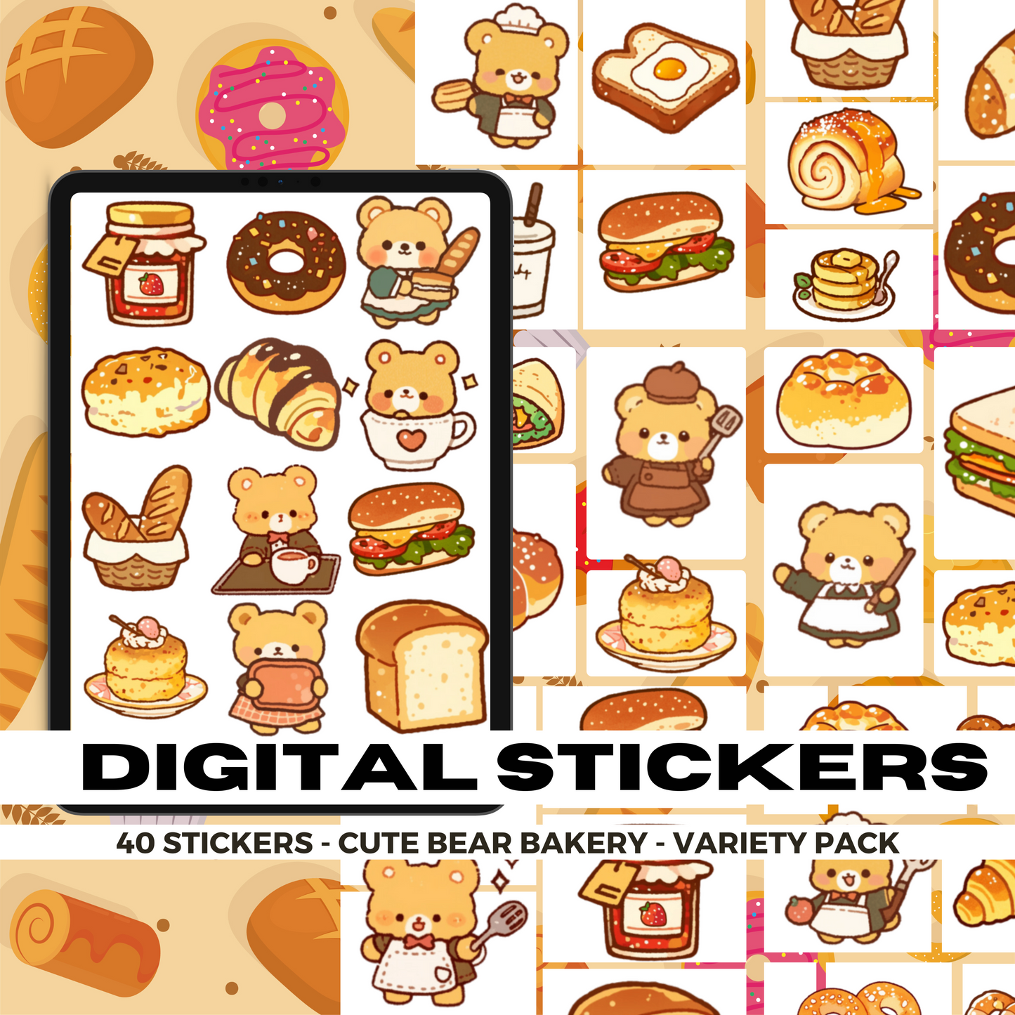 40 Cute Bear Bakery | Goodnotes Planner | Digital Stickers | PNG Files | Variety Pack