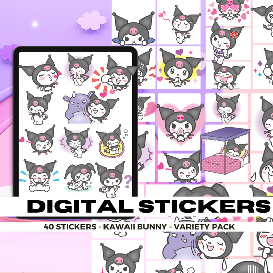 40 Kawaii Kuromi Stickers | Goodnotes Planner | Digital Stickers | PNG Files | Variety Pack