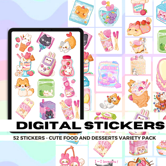 52 Assorted Cute Animal Food | Goodnotes Planner | Digital Stickers | PNG Files | Variety Pack