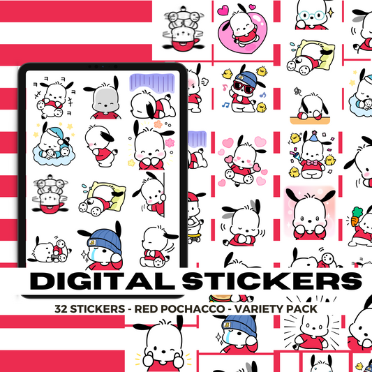 32 Red Pochacco | Goodnotes Planner | Digital Stickers | PNG Files | Variety Pack