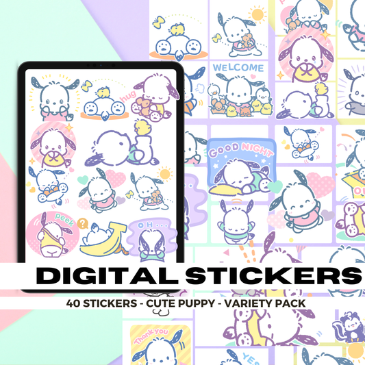 40 Pastel Pochacco | Goodnotes Planner | Digital Stickers | PNG Files | Variety Pack