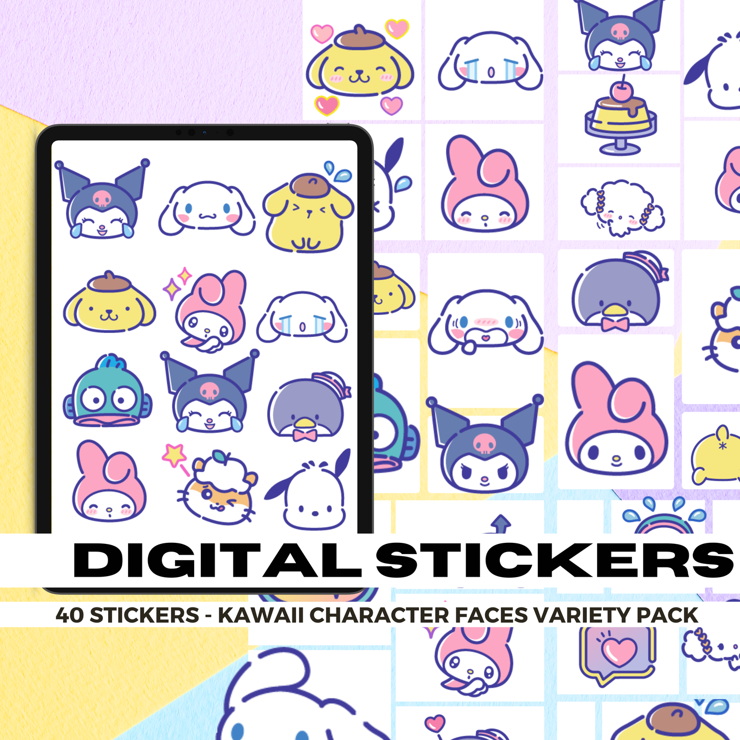 40 Assorted Kawaii Character Faces | Goodnotes Planner | Digital Stickers | PNG Files | Variety Pack