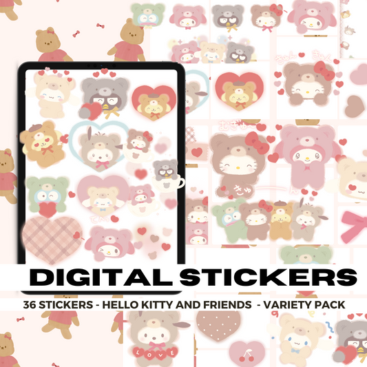 36 Fluffy Bear Hello Kitty and Friends | Goodnotes Planner | Digital Stickers | PNG Files | Variety Pack