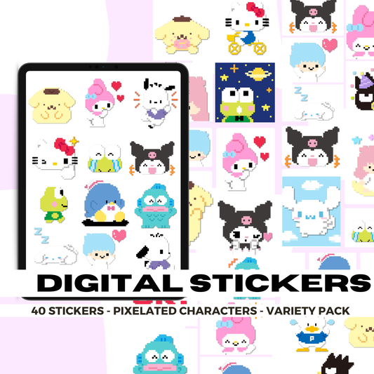 40 Kawaii Pixel Characters | Goodnotes Planner | Digital Stickers | PNG Files | Variety Pack