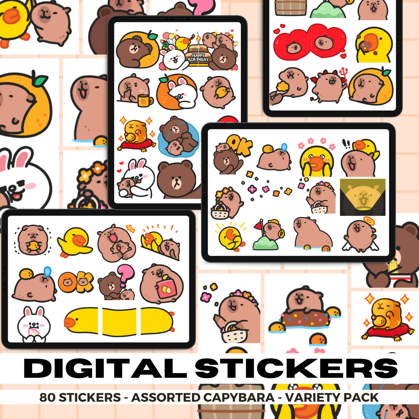 80 Assorted Capybara Stickers | Goodnotes Planner | Digital Stickers | PNG Files | Variety Pack