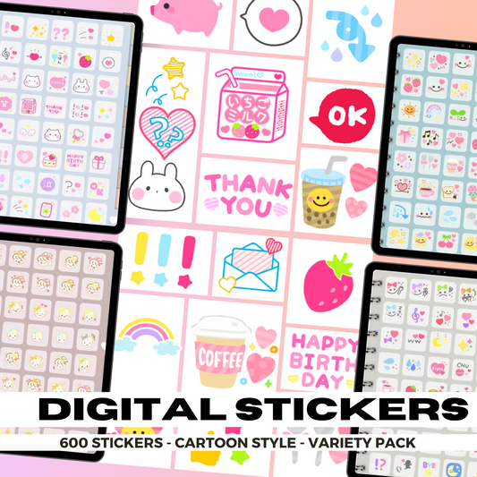 600 Cute Cartoon Style Digital Stickers | Goodnotes Planner | Digital Stickers | PNG Files | Variety Pack