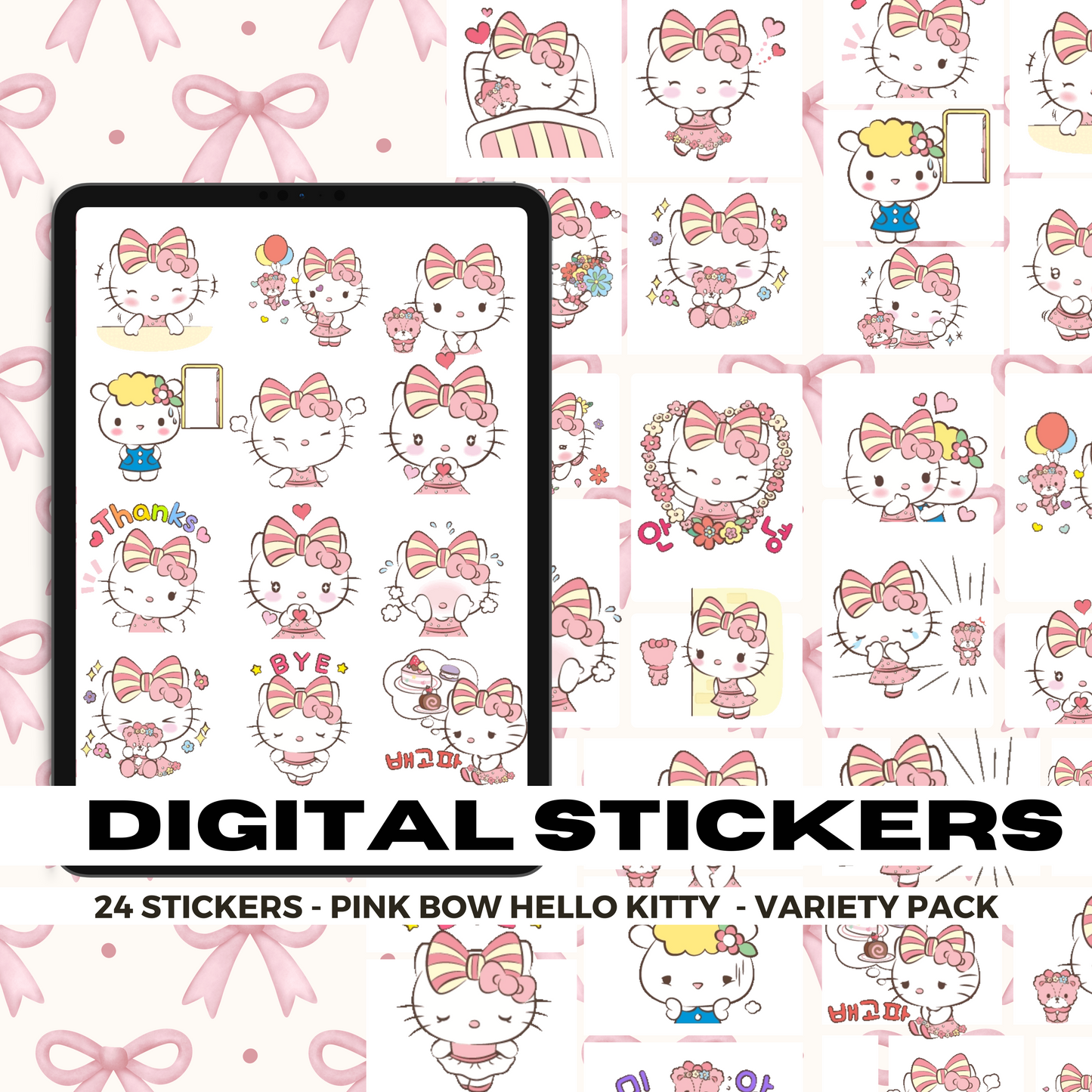 24 Pink Bow Hello Kitty Goodnotes Planner | Digital Stickers | PNG Files | Variety Pack