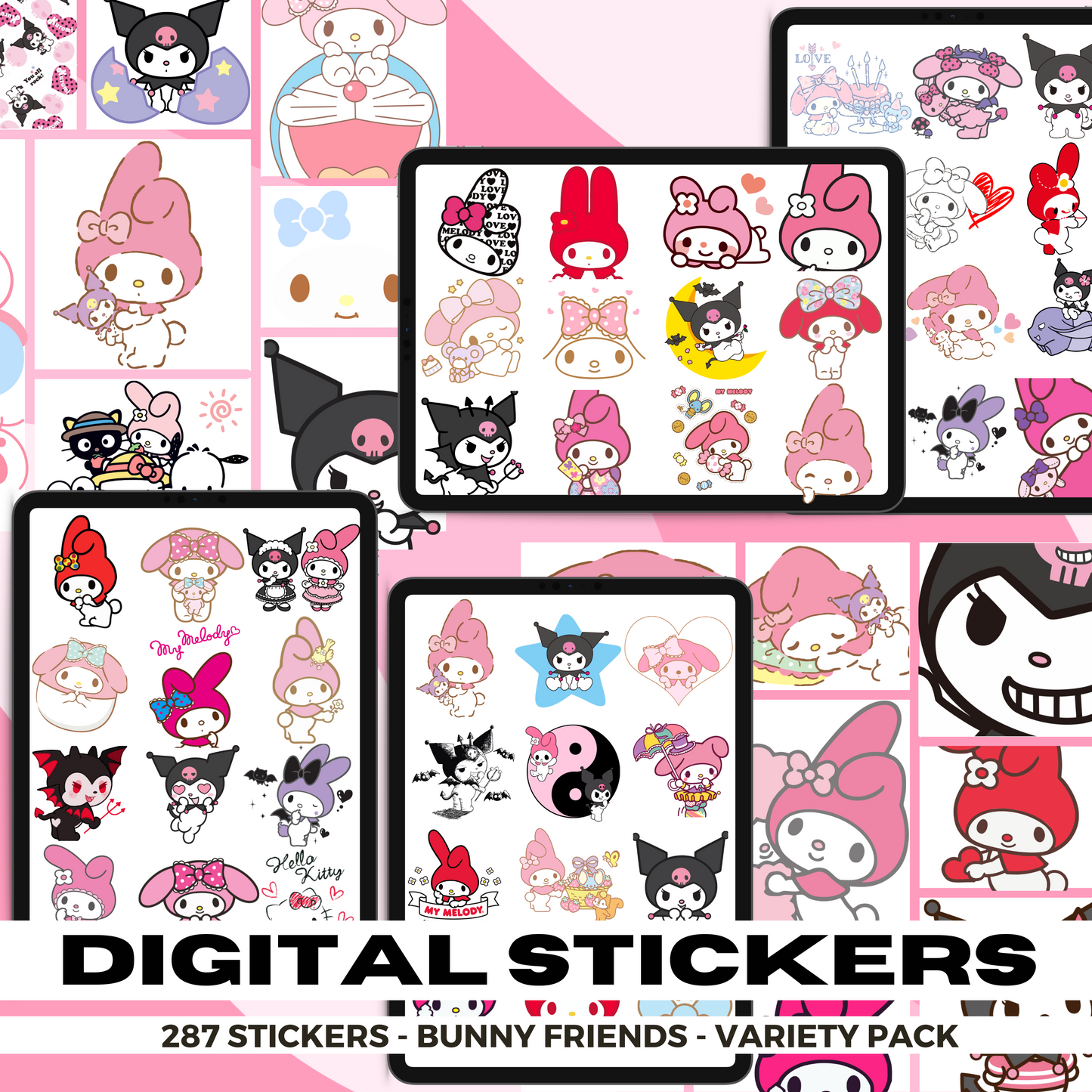 287 Assorted Melody and Kuromi | Goodnotes Planner | Digital Stickers | PNG Files | Variety Pack