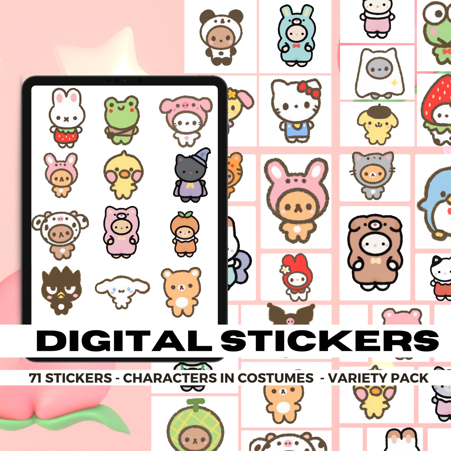 71 Kawaii Assorted Characters in Costumes | Goodnotes Planner | Digital Stickers | PNG Files | Variety Pack