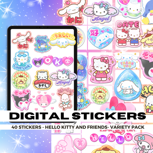 40 Kawaii Hello Kitty and Friends Embossed | Goodnotes Planner | Digital Stickers | PNG Files | Variety Pack