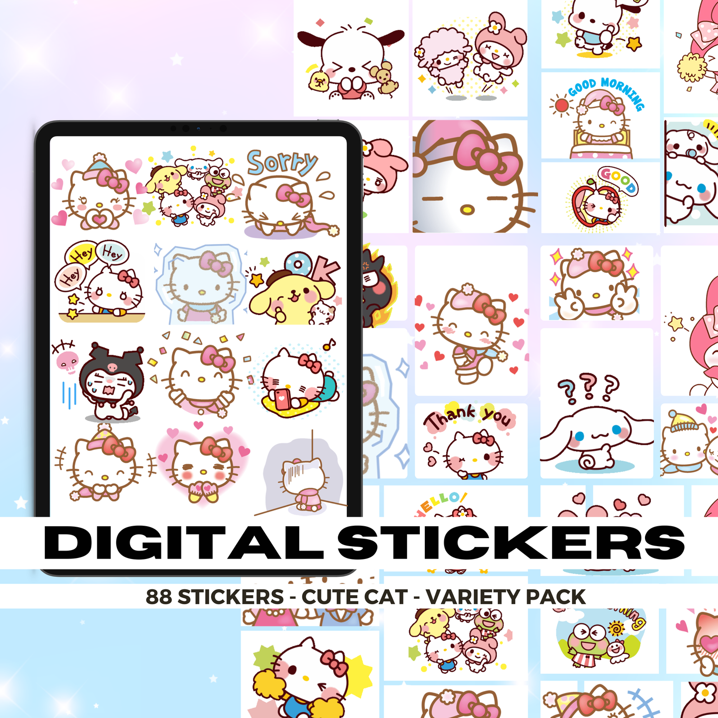 88 Hello Kitty, Cinnamoroll and Friends | Goodnotes Planner | Digital Stickers | PNG Files | Variety Pack