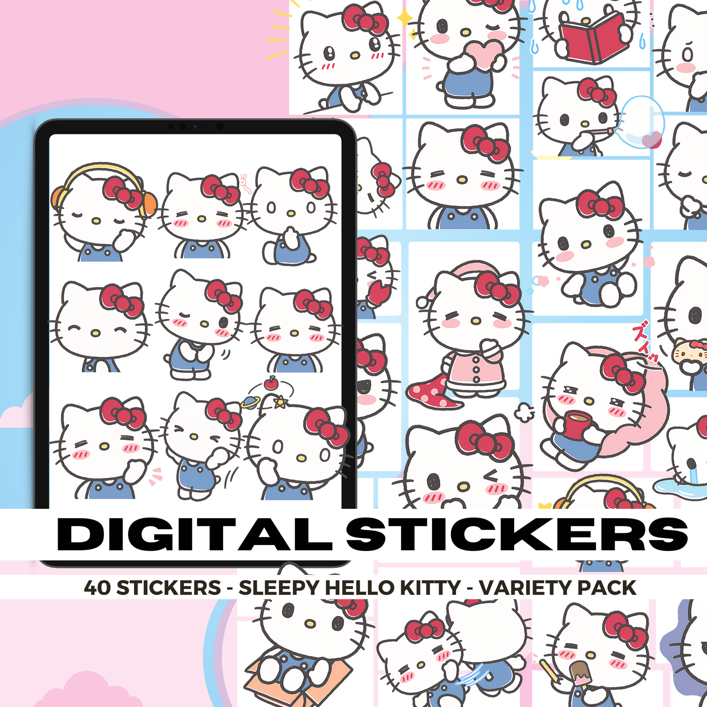 40 Sleepy Hello Kitty | Goodnotes Planner | Digital Stickers | PNG Files | Variety Pack