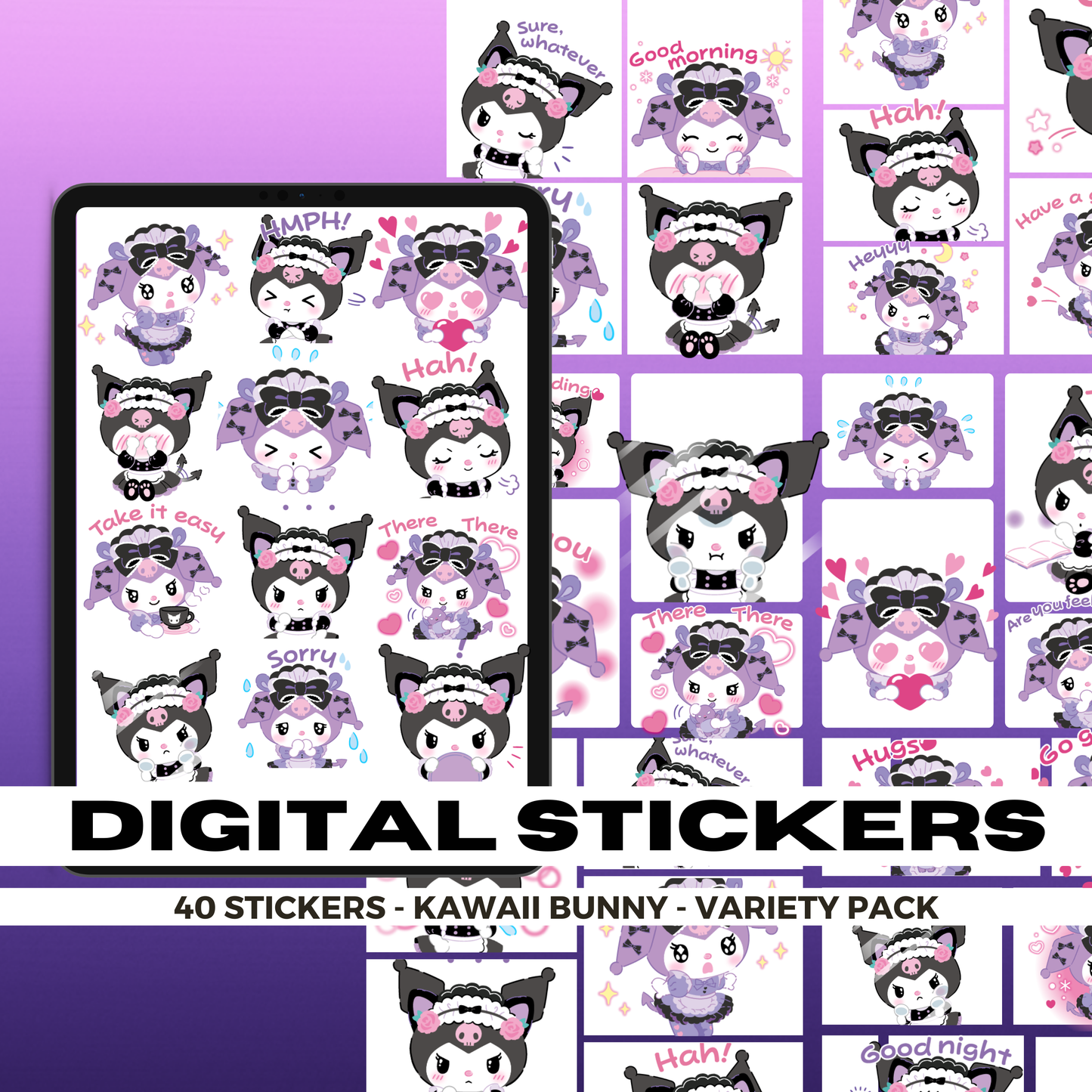 40 Maid Kuromi Stickers | Goodnotes Planner | Digital Stickers | PNG Files | Variety Pack