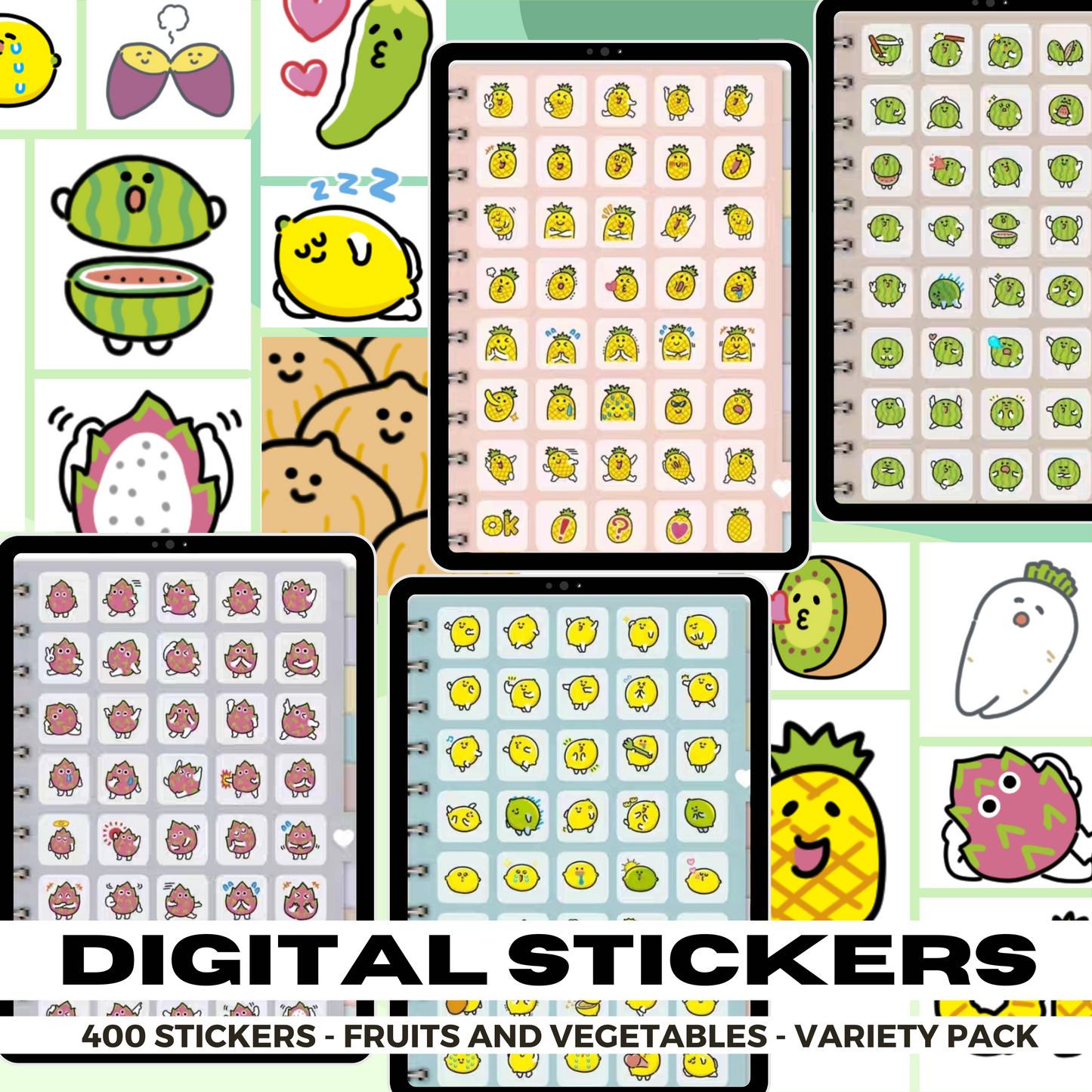 400 Kawaii Fruits and Vegetables Digital Stickers | Goodnotes Planner | Digital Stickers | PNG Files | Variety Pack