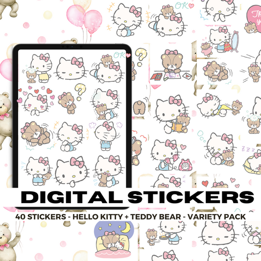 40 Hello Kitty and Teddy Bear | Goodnotes Planner | Digital Stickers | PNG Files | Variety Pack