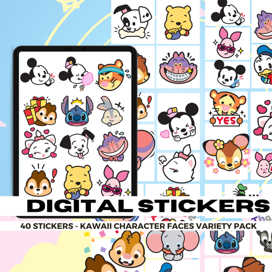 40 Assorted Disney Faces | Goodnotes Planner | Digital Stickers | PNG Files | Variety Pack