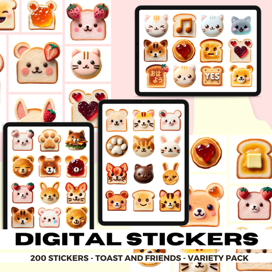 200 Kawaii Assorted Toast and Friends | Goodnotes Planner | Digital Stickers | PNG Files | Variety Pack