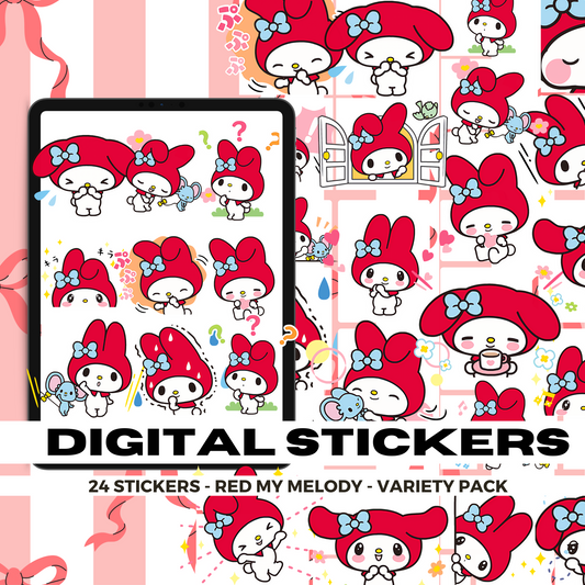 24 Red My Melody | Goodnotes Planner | Digital Stickers | PNG Files | Variety Pack