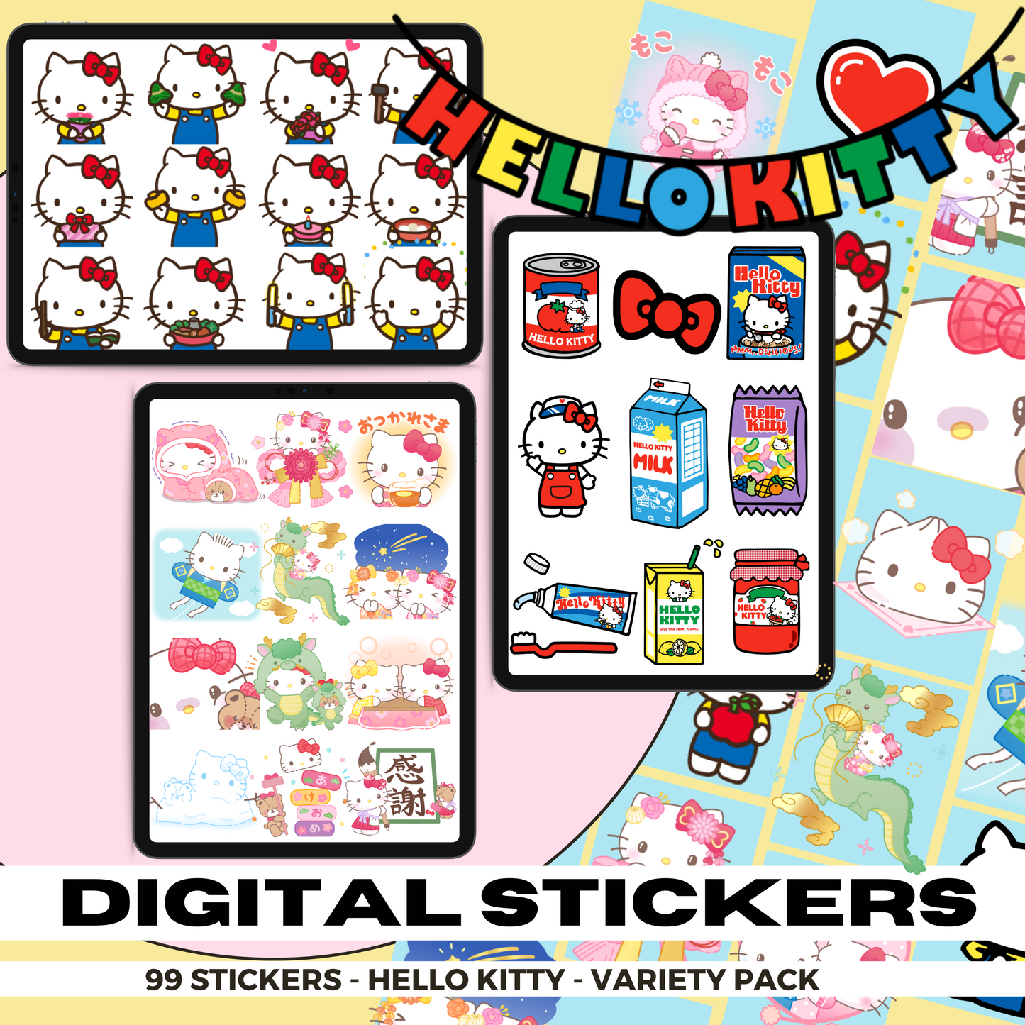 99 Hello Kitty Doodle Stickers | Goodnotes Planner | Digital Stickers | PNG Files | Variety Pack