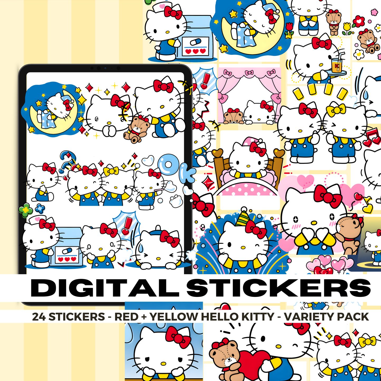 24 Red and Yellow Hello Kitty | Goodnotes Planner | Digital Stickers | PNG Files | Variety Pack