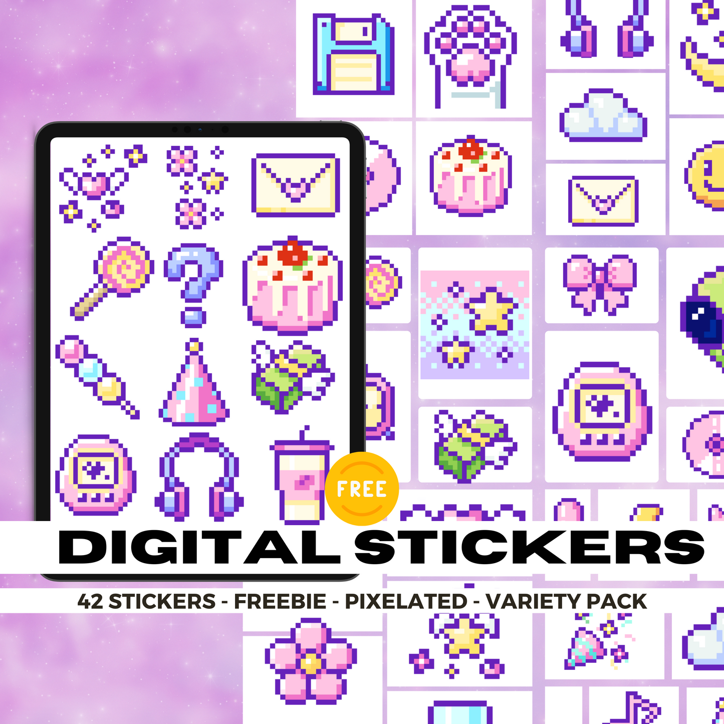 42 Freebie Pixelated Pack| Goodnotes Planner | Digital Stickers | PNG Files | Variety Pack