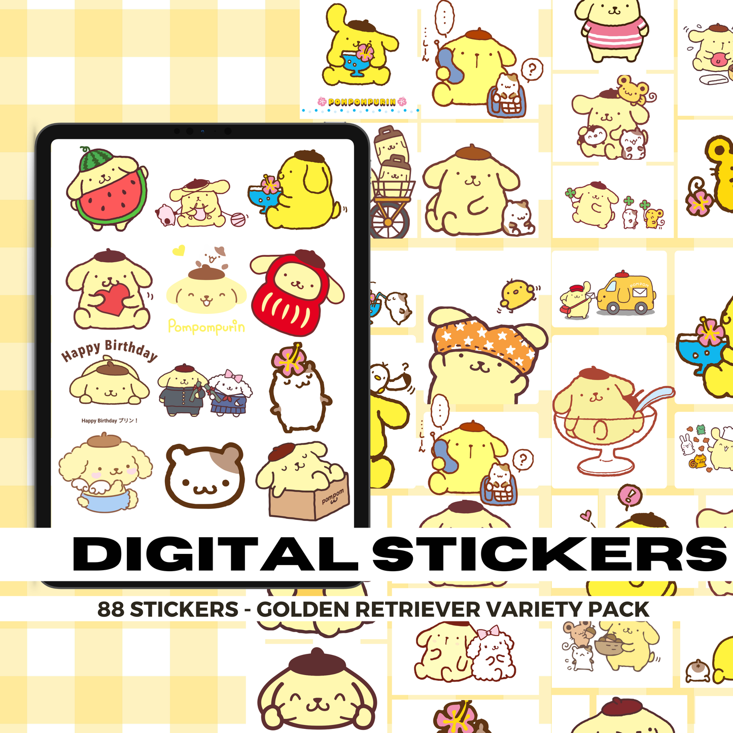 88 Pompompurin Stickers | Goodnotes Planner | Digital Stickers | PNG Files | Variety Pack