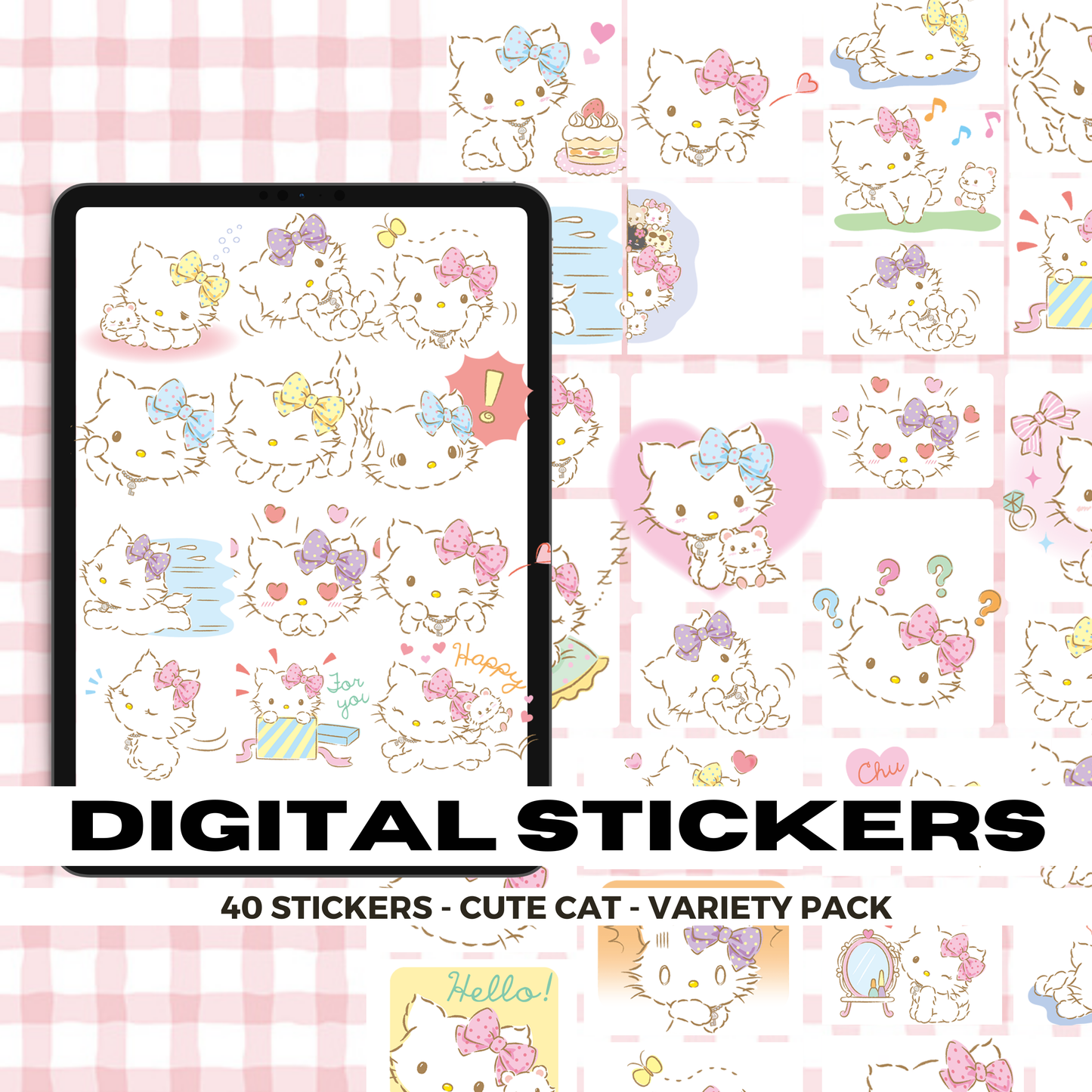 40 Soft Pastel Hello Kitty | Goodnotes Planner | Digital Stickers | PNG Files | Variety Pack