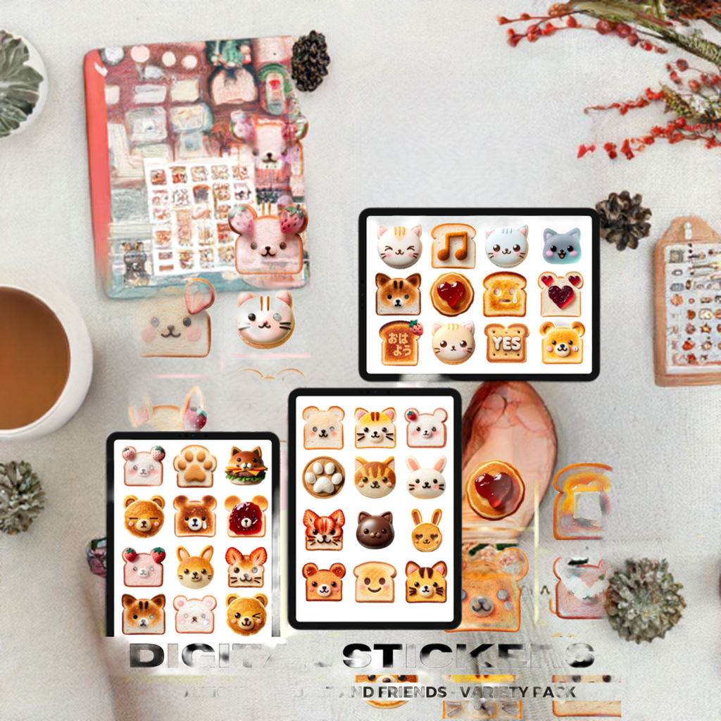 200 Kawaii Assorted Toast and Friends | Goodnotes Planner | Digital Stickers | PNG Files | Variety Pack