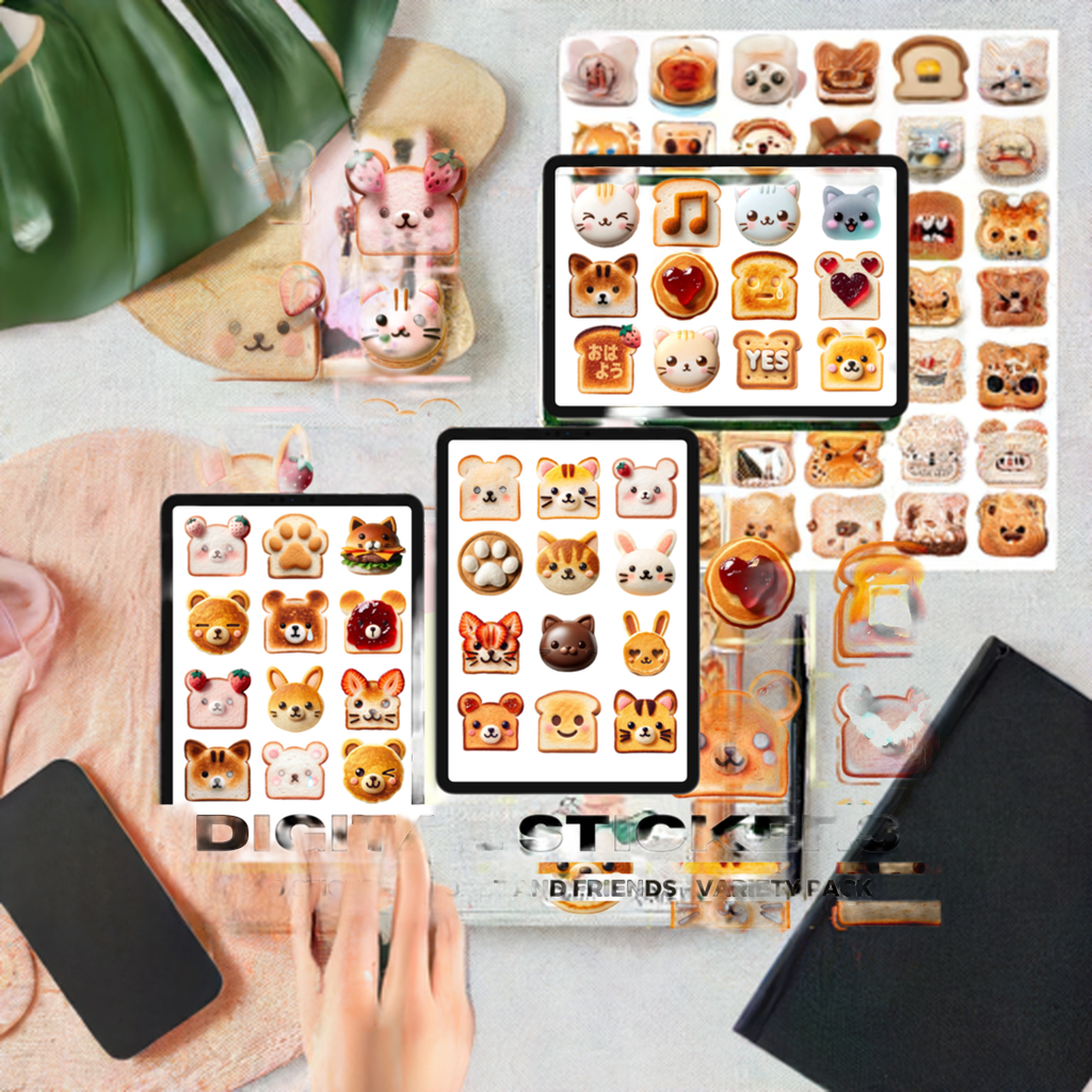 200 Kawaii Assorted Toast and Friends | Goodnotes Planner | Digital Stickers | PNG Files | Variety Pack